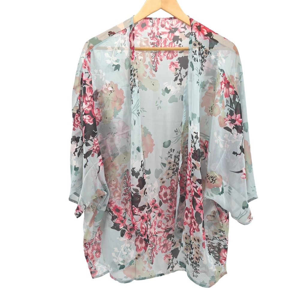 Womens Mint Blue Floral Print Sheer Kimono Lightweight Boho Festival‎ Beachy